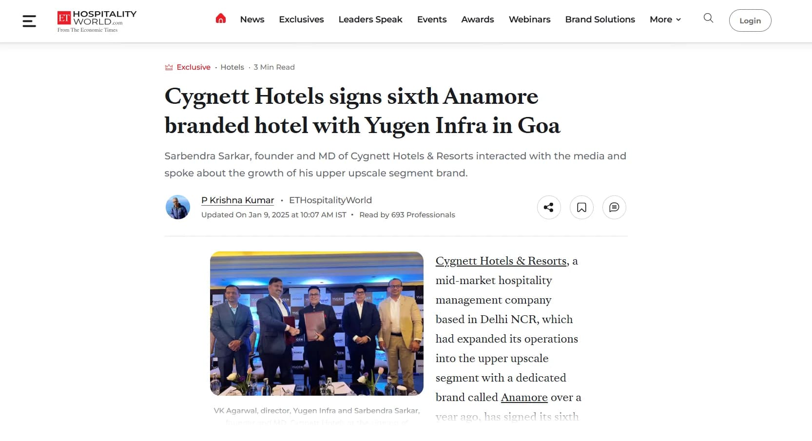 Cygnett Hotels Signs Sixth Anamore Property with Yugen Infra in Goa