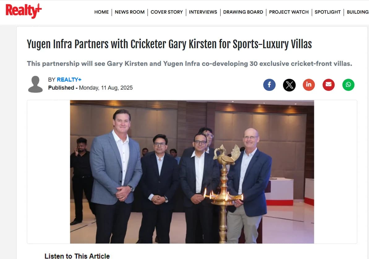 Yugen Infra Partners with Gary Kirsten for Sports-Luxury Villas
